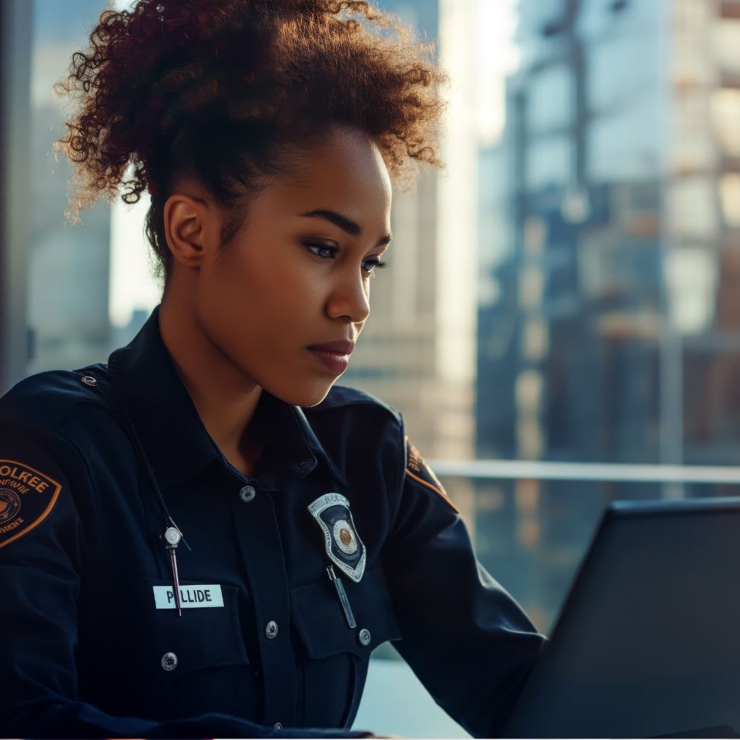 Police officer taking online course in Criminal Justice Studies