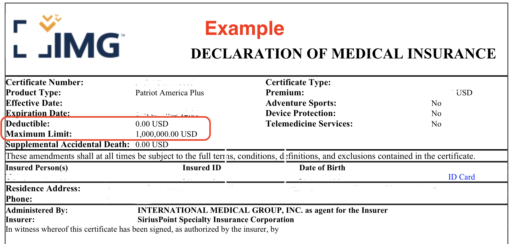 Declaration of Medical Insurance example page