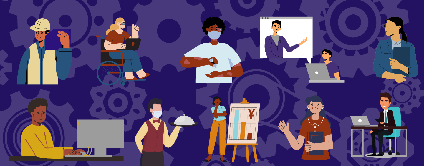 Workers of all stripes, with gears in the background