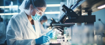 Clinical lab scientist using a microscope